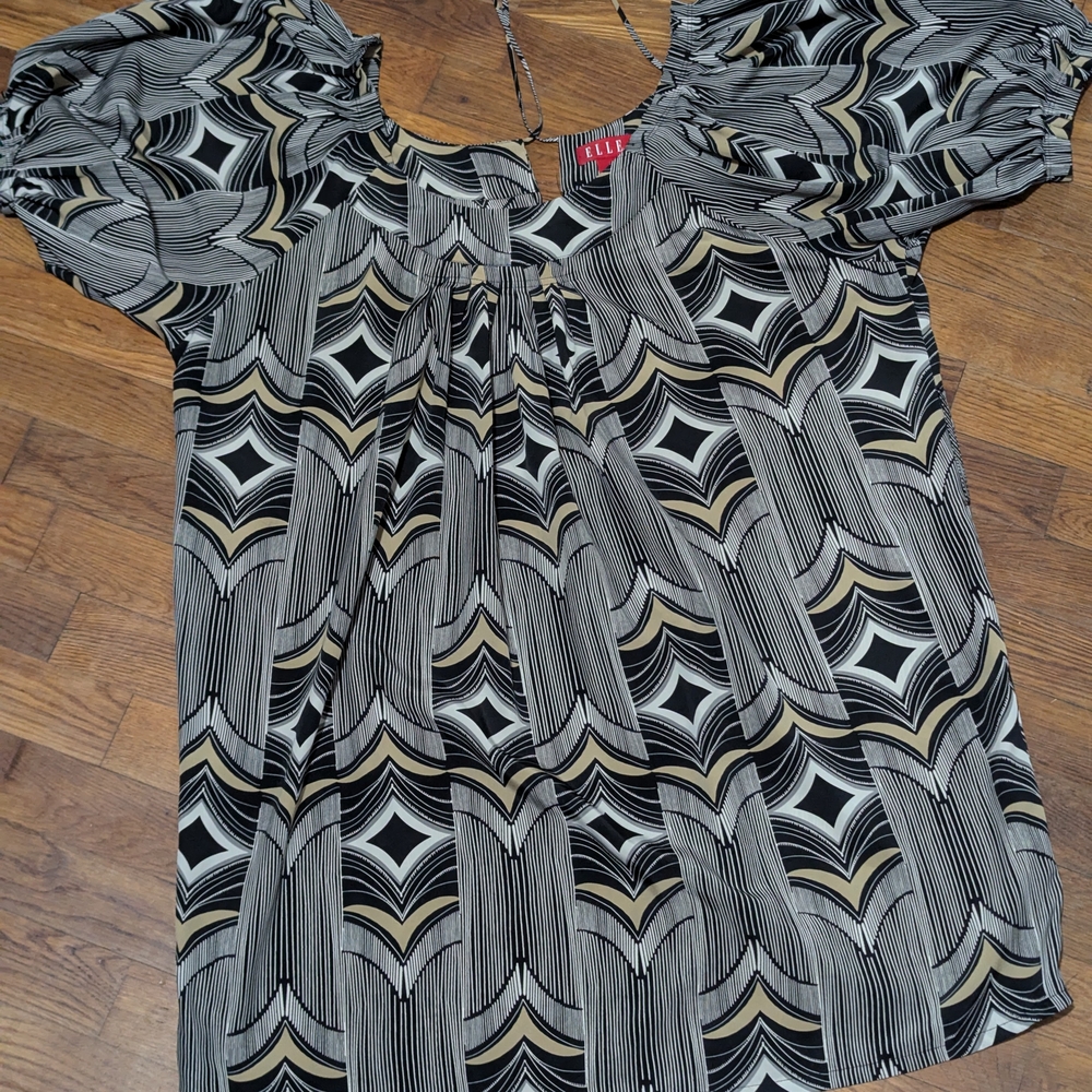 ELLE Brand Stylish Black/Tan/White PUFF SLEEVE Geometric MINI DRESS / TUNIC XL